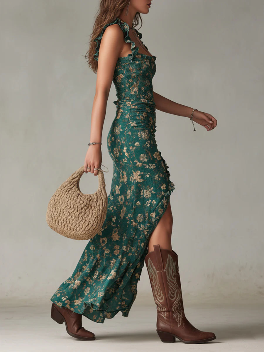 ALMA - VESTIDO MAXI BOHO FLORAL FRUNCIDO