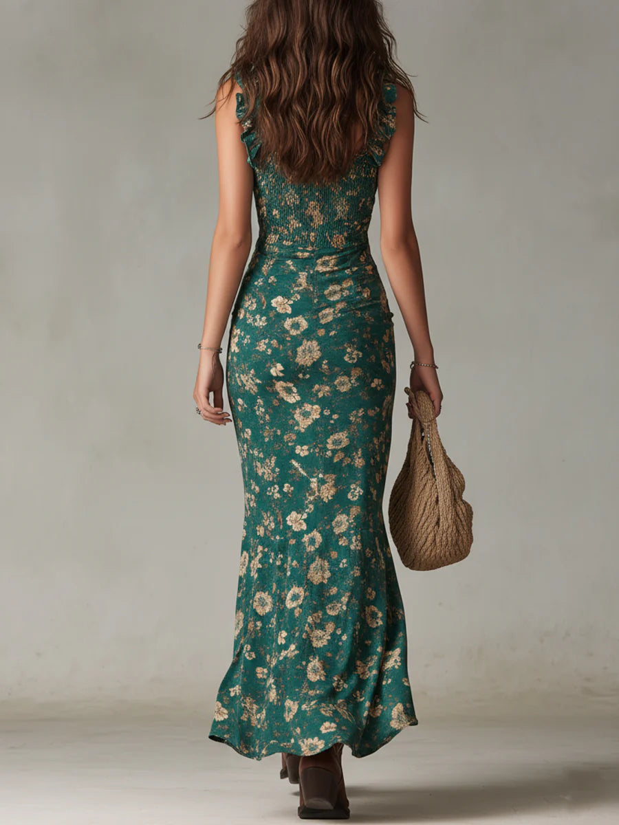 ALMA - VESTIDO MAXI BOHO FLORAL FRUNCIDO