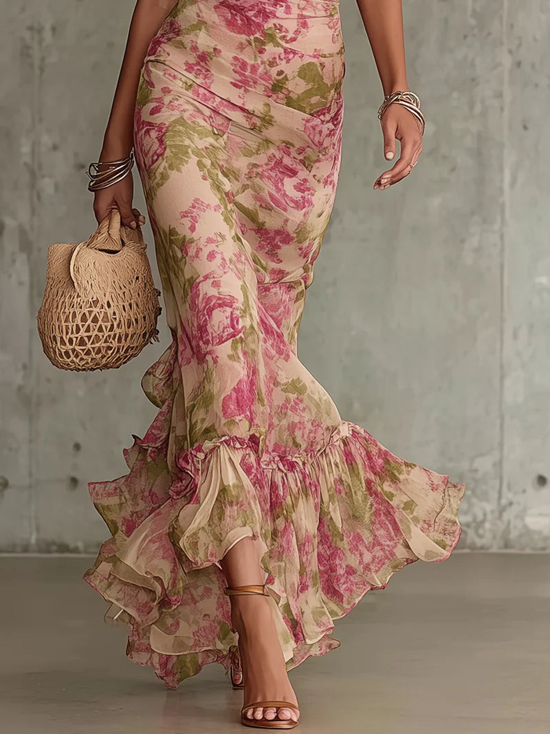 VERA - VESTIDO MAXI FLORAL CON VOLANTES